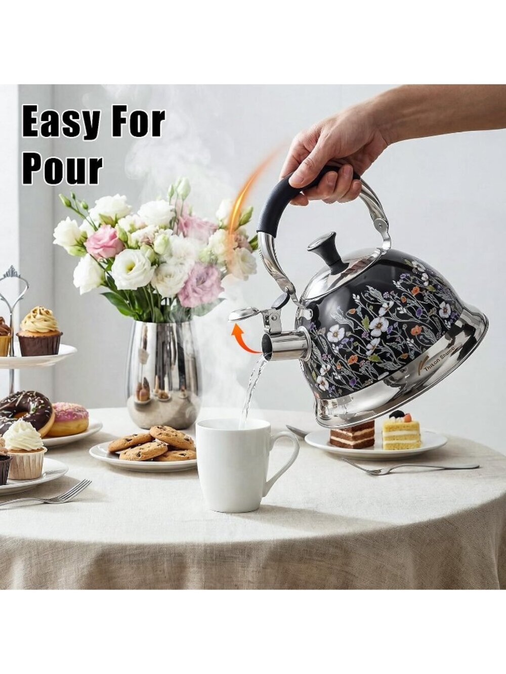 Black Field Flower 304 Stainless Steel Whistling Tea Kettle 3.1 Quart Stovetop - Picture 7 of 7